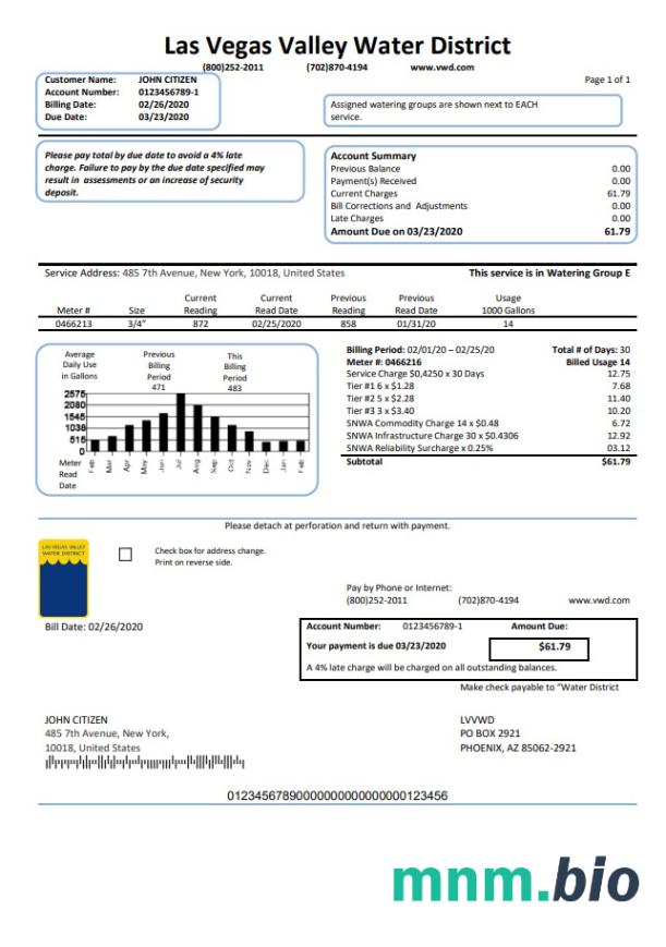 USA Las Vegas Valley Water District (lvvwd) szablon rachunku za media w formacie Word i PDF
